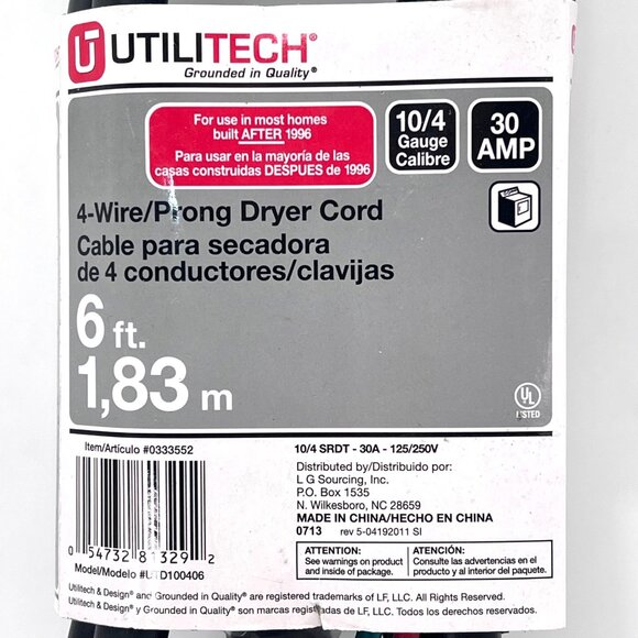Utilitech 4-Wire Prong Plug Dryer Power Cord 6 Ft 10/4 SRDT Gauge 30 AMP New - Picture 3 of 9